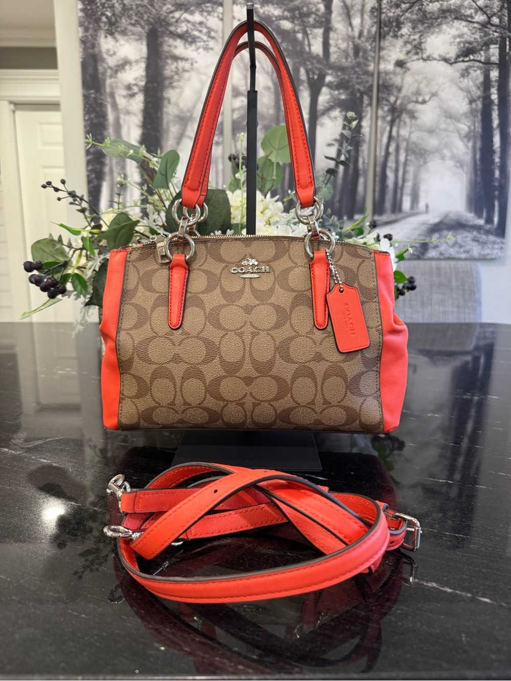 🤎COACH Mini Christie Carryall Signature Coated Canvas Khaki Coral Orange - Picture 14 of 16